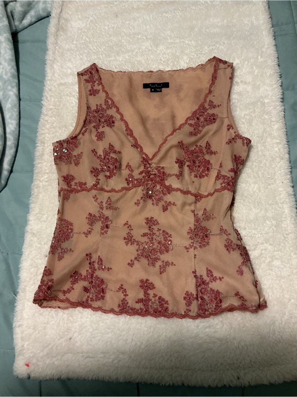 ECI New York Blush Pink Beaded Lace V-Neck Top